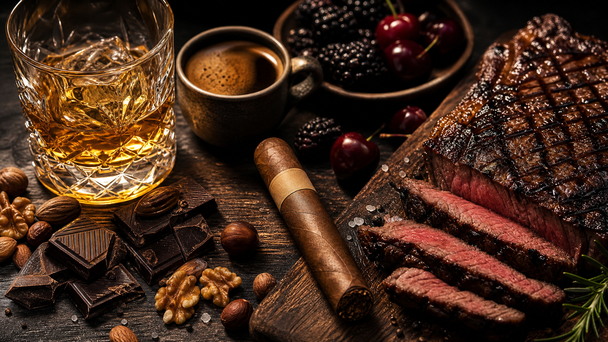 Cigar pairing with bourbon whiskey glass, espresso coffee, medium-rare steak, dark chocolate and roasted nuts on dark wood table